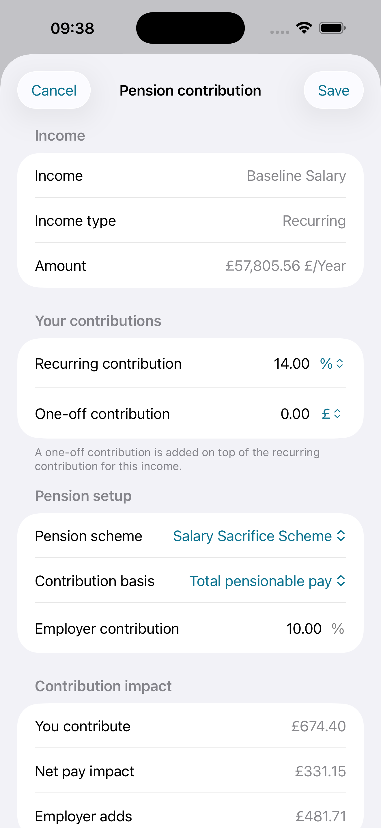 Pension and pre-tax deductions screen in TaxOnPay.