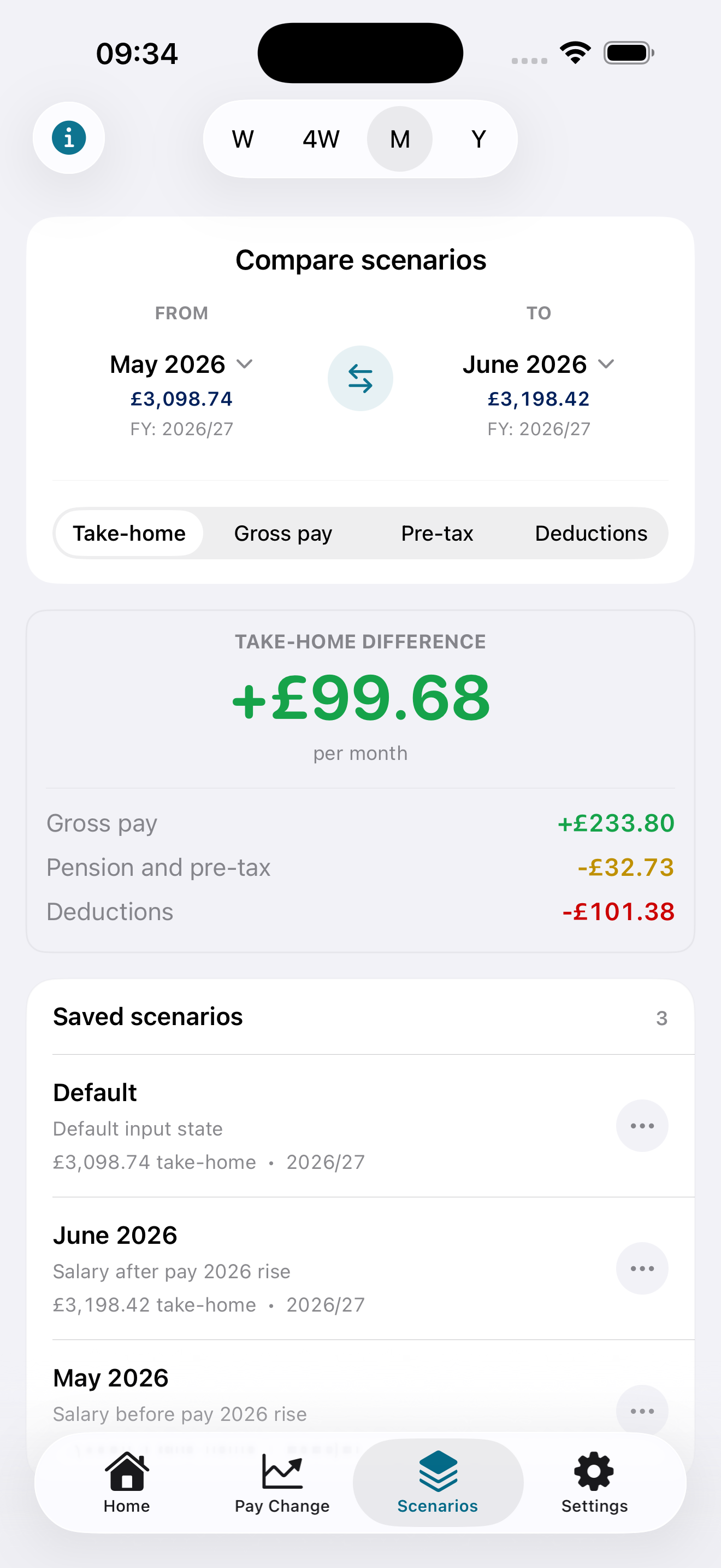 Scenario comparison screen in TaxOnPay.